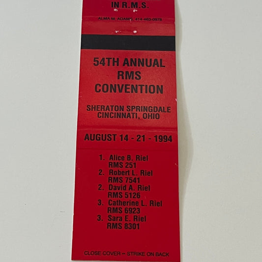 1994 RMS Convention Cincinnati Ohio Vintage Matchbook Cover MM5-7