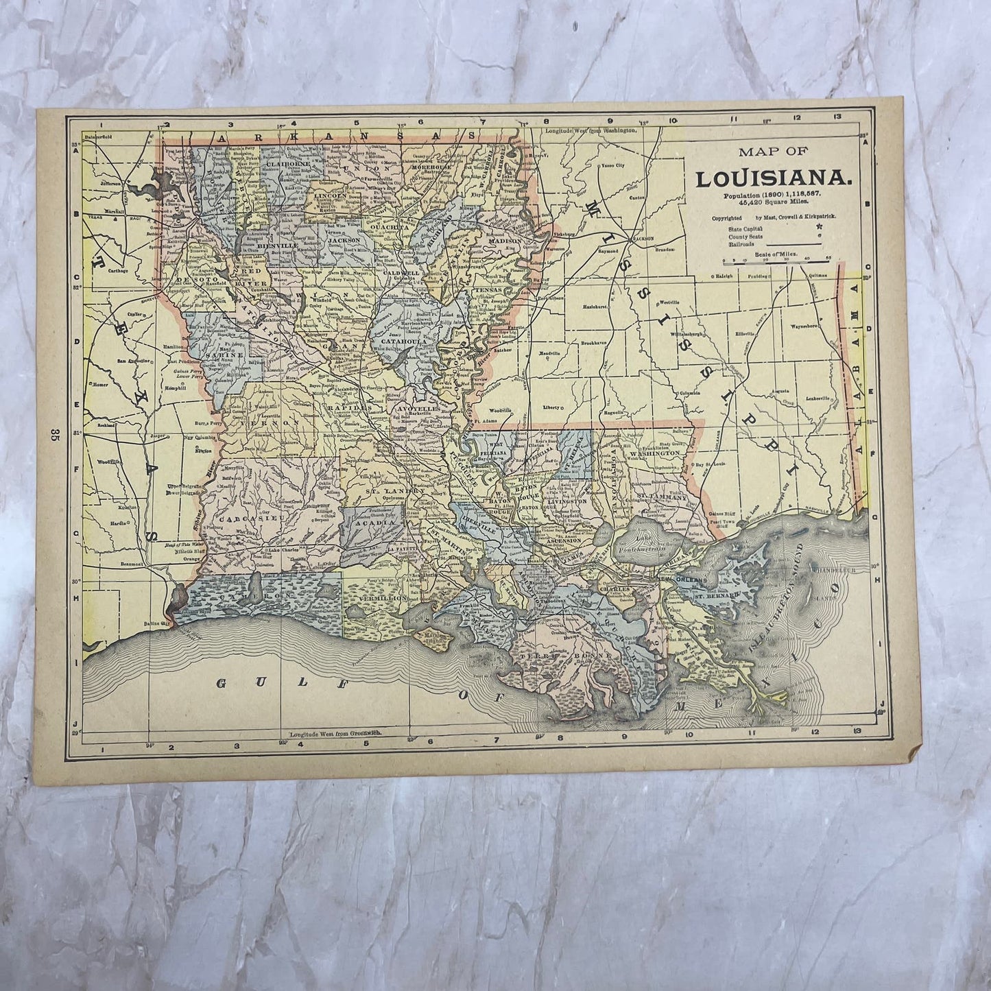 1899 Map of Louisiana 10x13 Original Tinted Map Engraving FL6-8