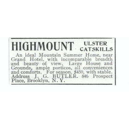 Highmount Ulster Catskills Home J.G. Butler Brooklyn NY 1903 Magazine Ad AF7-SS2