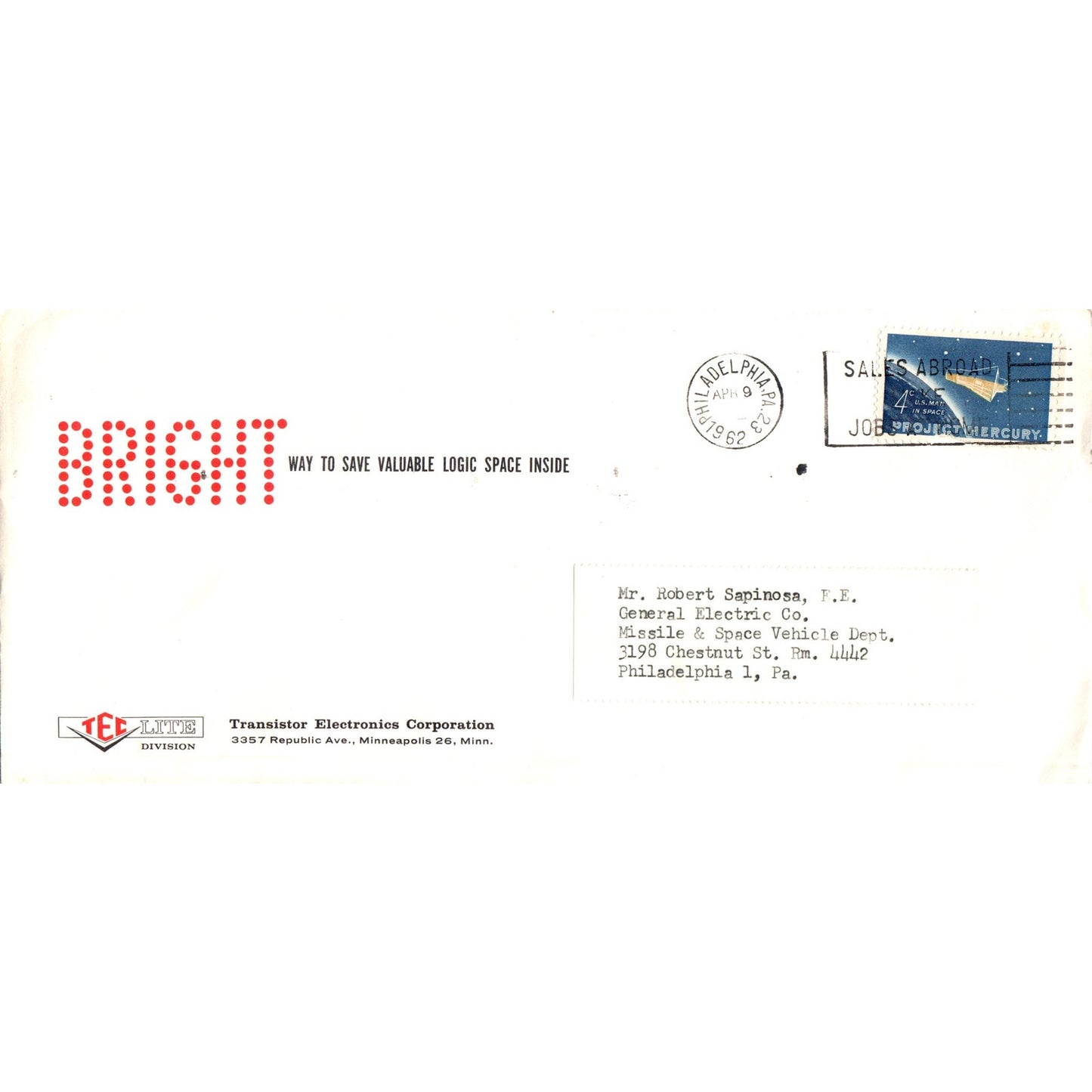 1962 Bright Transistor Electronics Corp Robert Sapinosa Envelope TH9-L2