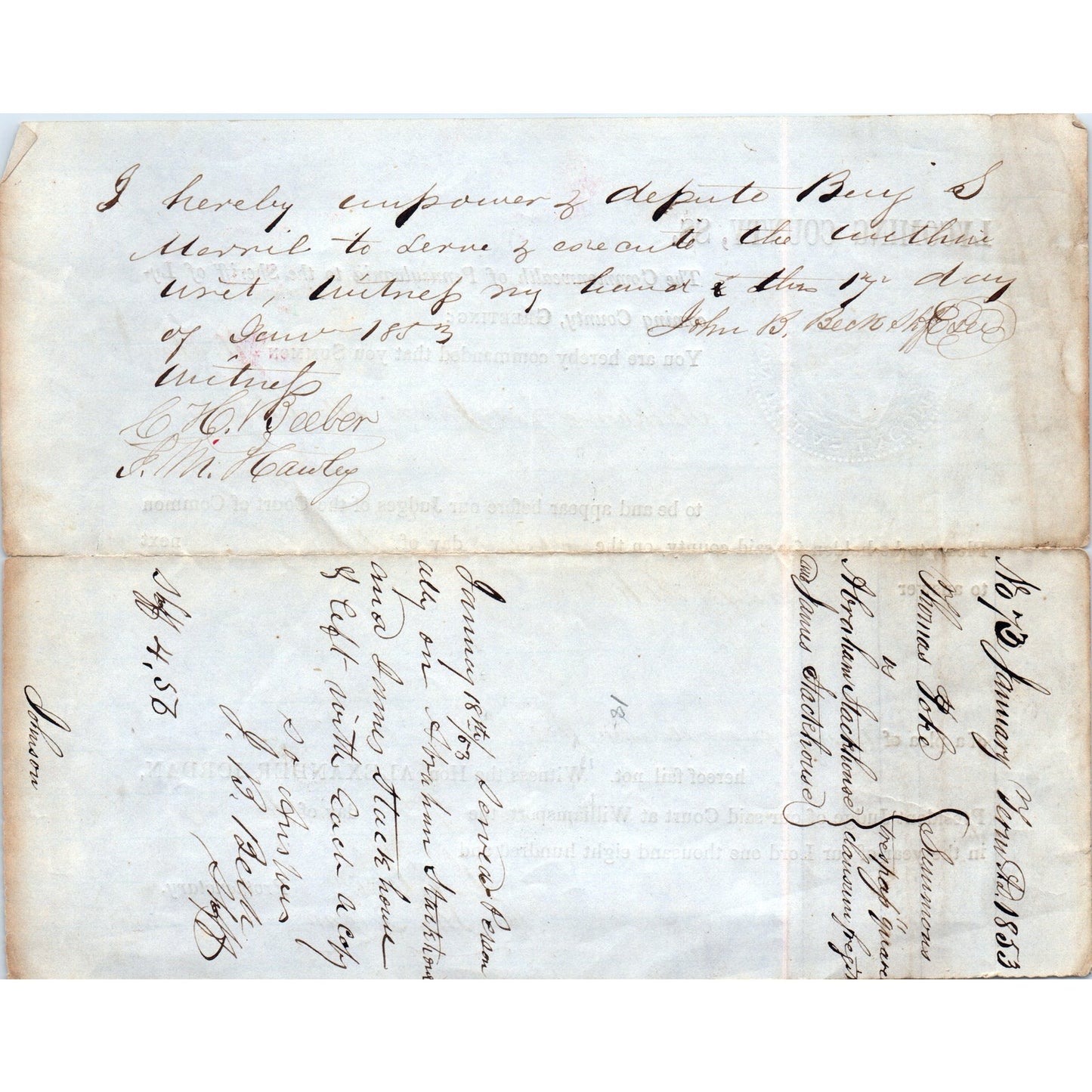 1853 Lycoming County Williamsport Court Summons Hon Alexander Jordan AD8-R7