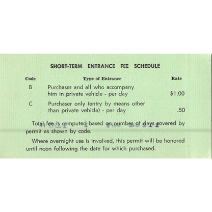 1967 Shenandoah National Park Entrance Permit Stub SAI1-2