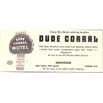 Dude Corral Black Canyon Montrose CO 1958 Ad AG1-M1