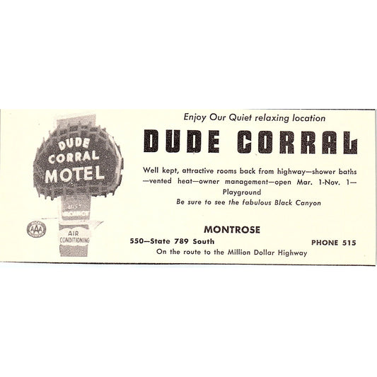 Dude Corral Black Canyon Montrose CO 1958 Ad AG1-M1
