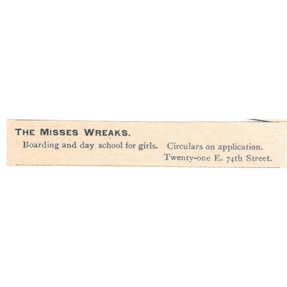 The Misses Wreaks Day School West 130th St NY 1892 Magazine Ad AB6-S5