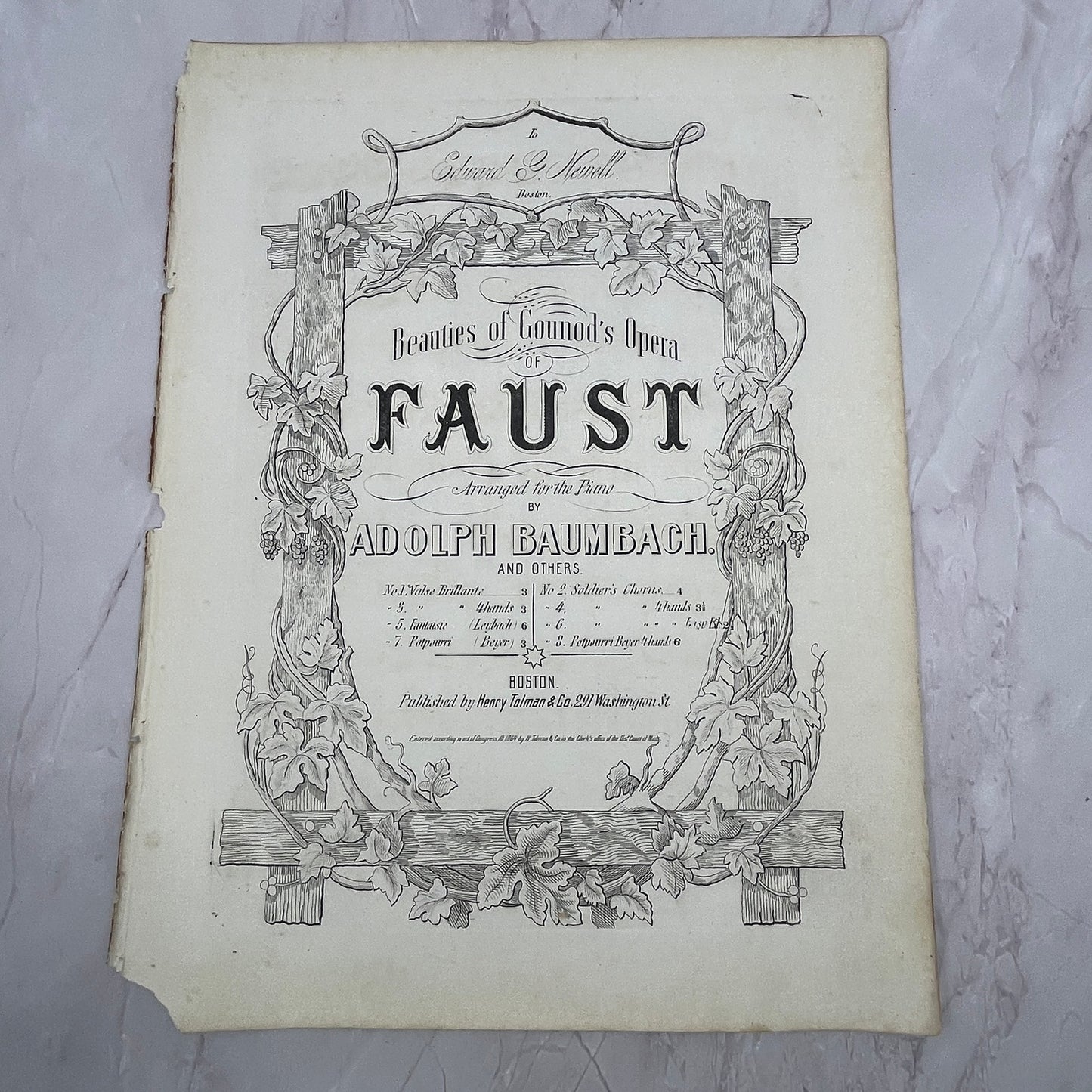 1864 Beauties of Gounod's Opera Faust Baumbach Soldiers March Sheet Music V16