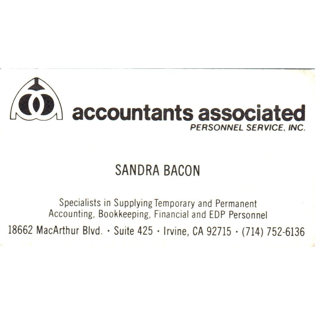Accountants Associated Sandra Bacon Irvine CA Vintage Business Card SD8-B9