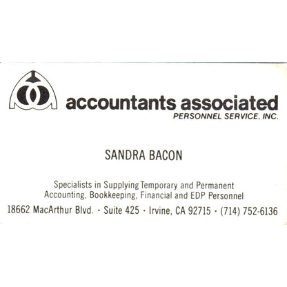 Accountants Associated Sandra Bacon Irvine CA Vintage Business Card SD8-B9