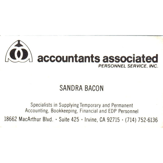 Accountants Associated Sandra Bacon Irvine CA Vintage Business Card SD8-B9