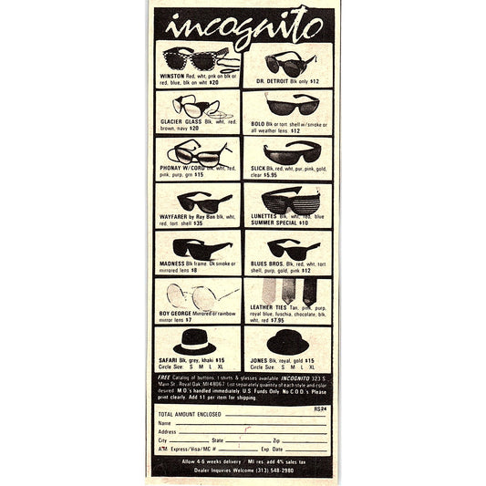 Incognito Sunglasses Royal Oak Michigan 1984 Ad AF8-H1