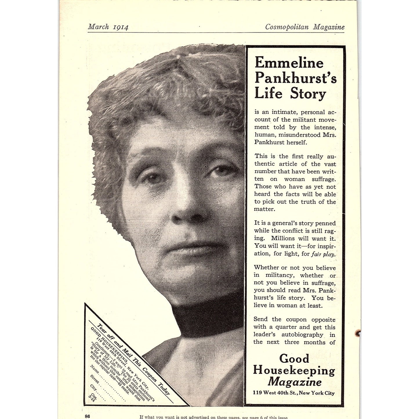 1914 Emmeline Pankhurst's Life Story Good Housekeeping Magazine Ad 6.5x9.5 V4