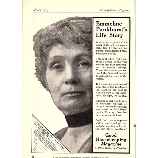 1914 Emmeline Pankhurst's Life Story Good Housekeeping Magazine Ad 6.5x9.5 V4