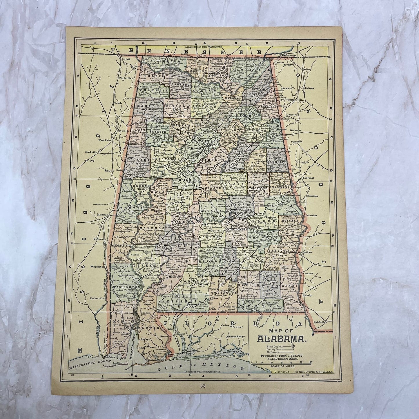 1899 Map of Alabama 10x13 Original Tinted Map Engraving FL6-8