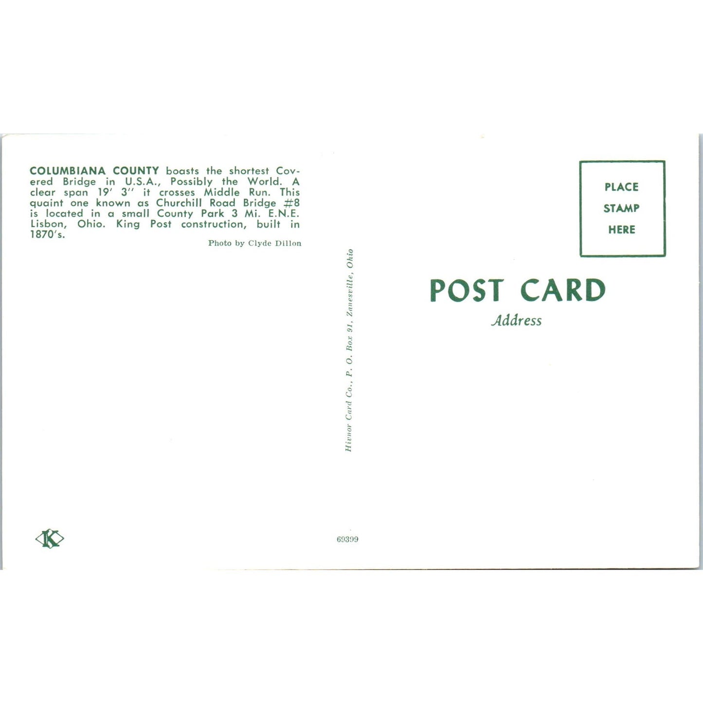 Columbiana County Middle Run Churchill Road #8 OH Covered Bridge Postcard PB10