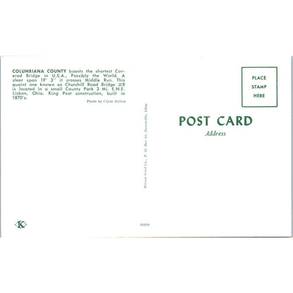 Columbiana County Middle Run Churchill Road #8 OH Covered Bridge Postcard PB10