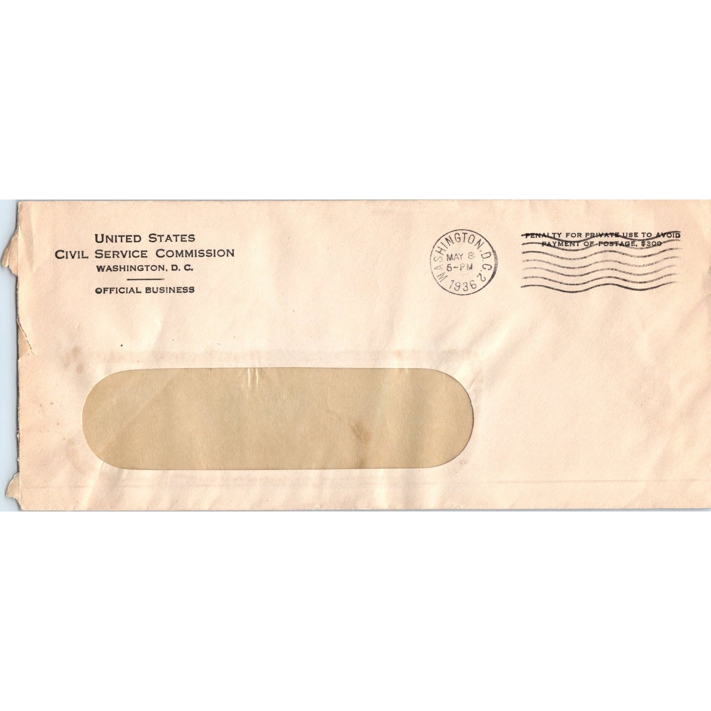1936 United States Civil Service Commission Postal Cover Envelope TH9-L2