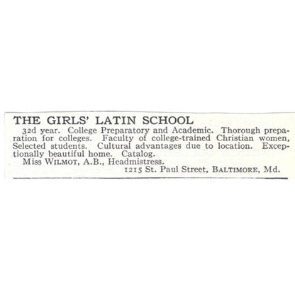 The Girls' Latin School Miss Wilmont Baltimore MD c1918 Advertisement AE5-SV3