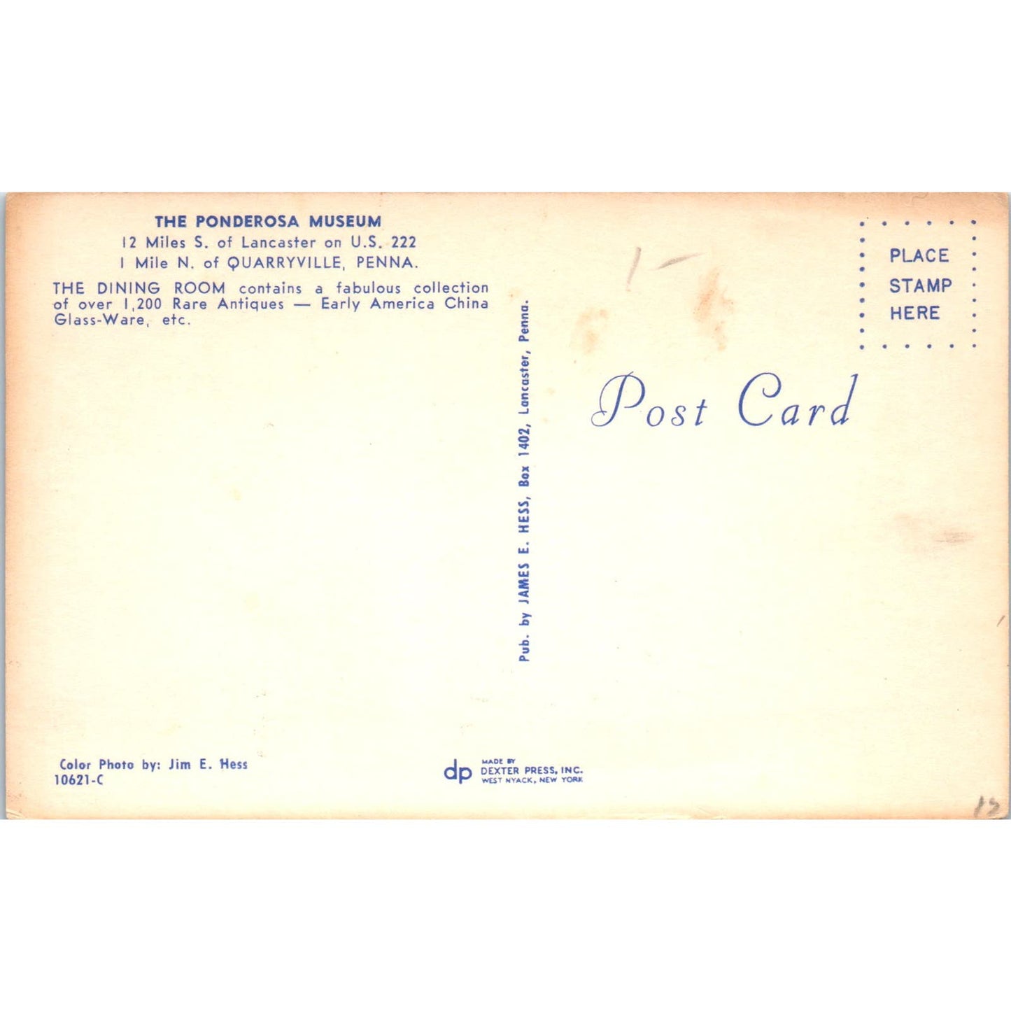 The Ponderosa Museum Dining Room Quarryville PA Dutch Country Postcard PD8