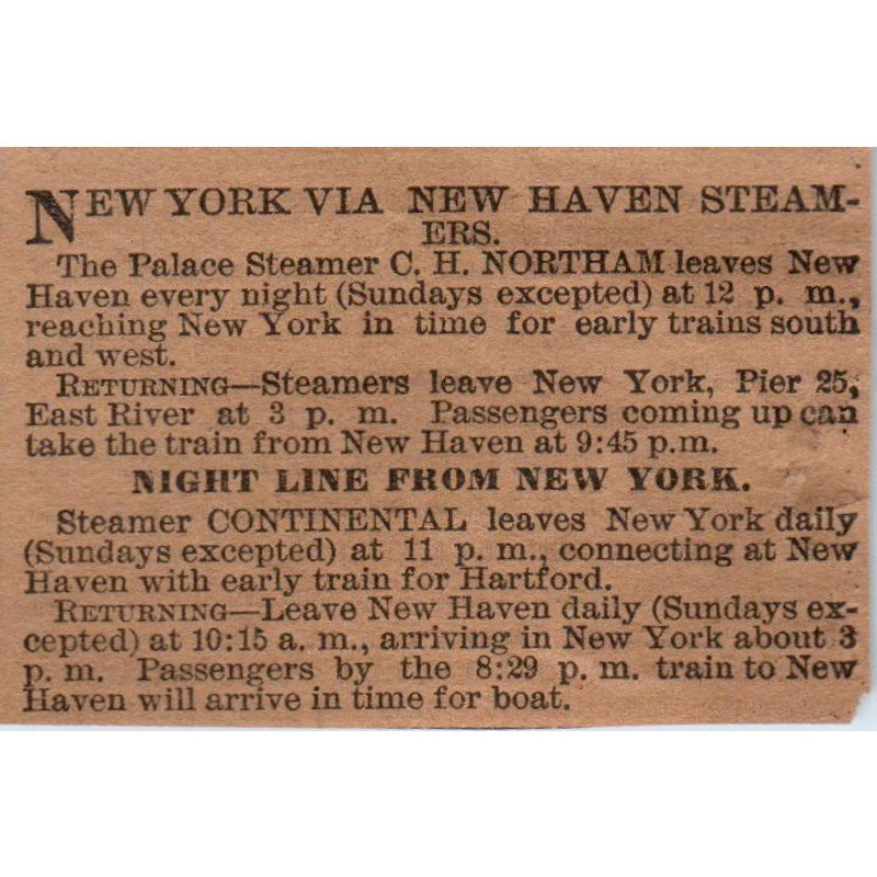 Palace Steamer CH Northam, Continental Steamer Hartford 1886 Newspaper Ad AF7-E5