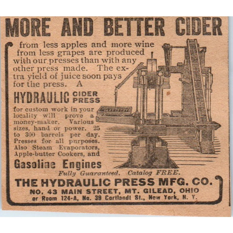 Hydraulic Press Mfg Co Cider Press Mt. Gilead OH 1905 Magazine Ad AF1-NH3