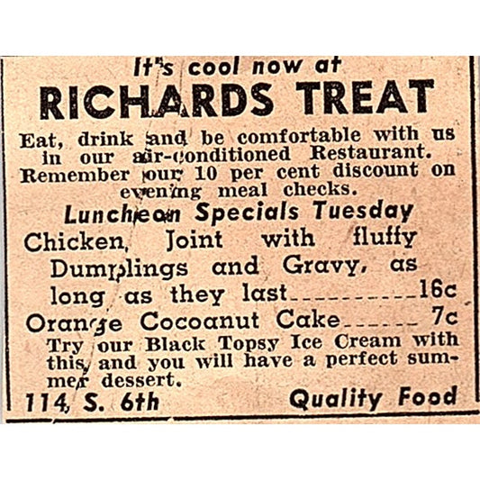Richards Treat Lunch Specials 114 S. 6th Minneapolis 1935 Newspaper Ad AG6-M3