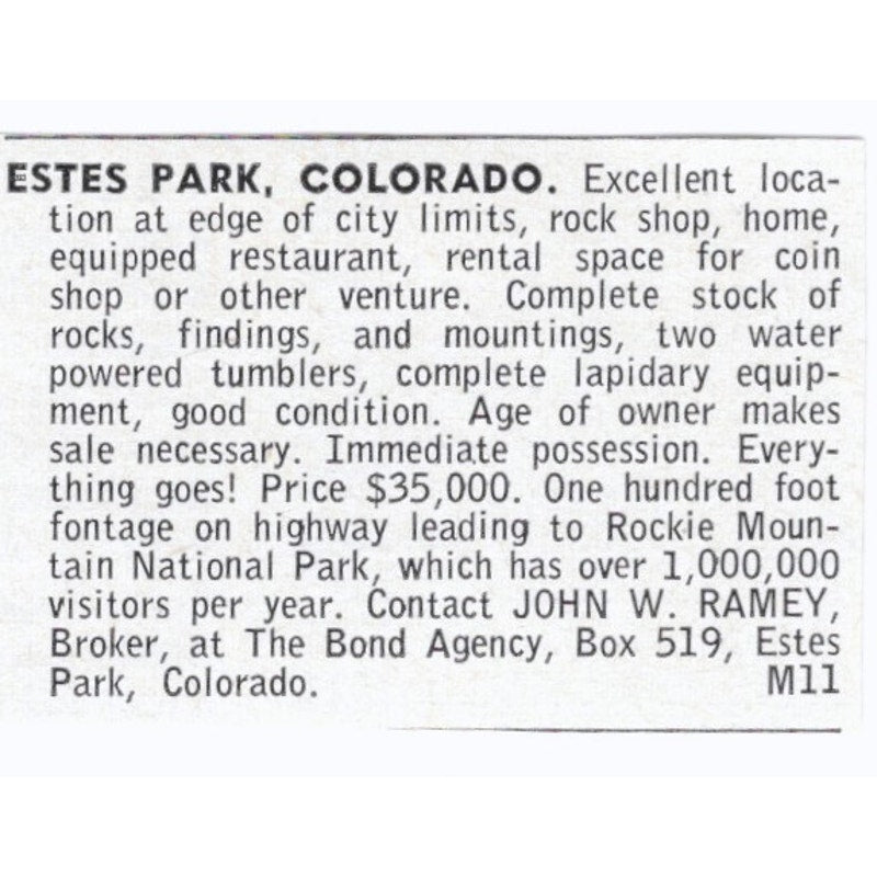 Estes Park Colorado Lapidary Supply Shop John W Ramey 1964 Magazine Ad AK6-S8