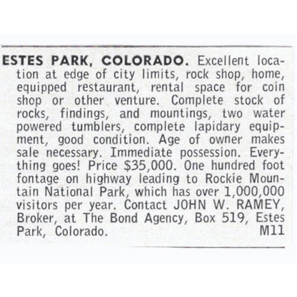 Estes Park Colorado Lapidary Supply Shop John W Ramey 1964 Magazine Ad AK6-S8