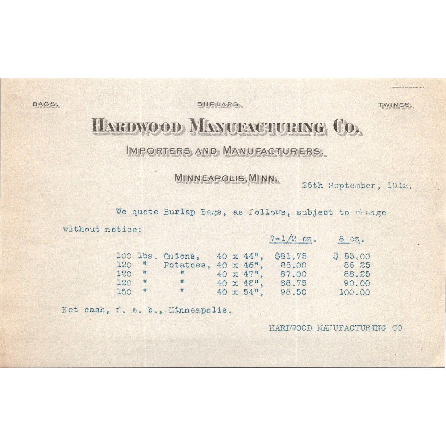 Hardwood Manufacturing Co Minneapolis MN 1912 Letterhead Billhead K24