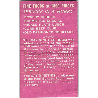 Gay Nineties Hoffman House Madison WI Vintage Matchbook Cover SF3-Y4