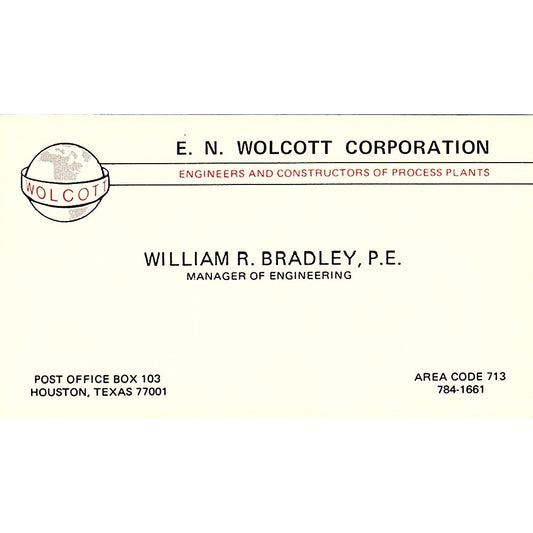 E.N Wolcott Corporation William R. Bradley P.E. Houston TX Business Card SF3-B5