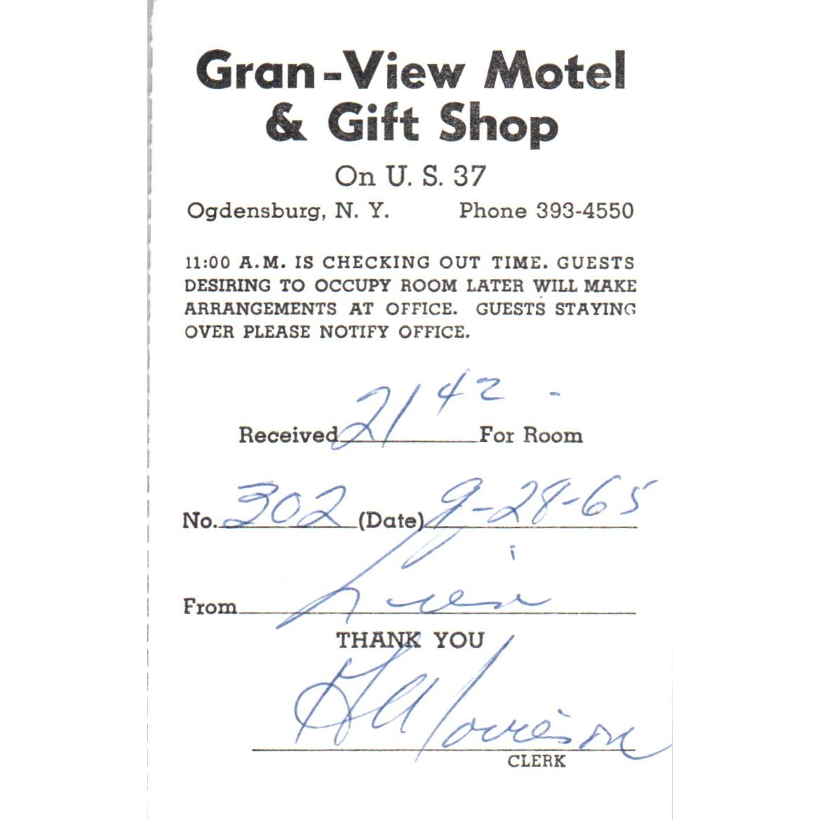 1965 Gran-View Motel Check Out Stub Ogdensburg New York AE2