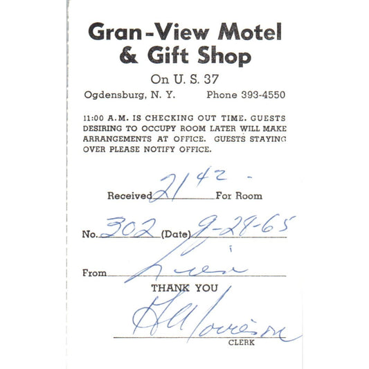 1965 Gran-View Motel Check Out Stub Ogdensburg New York AE2