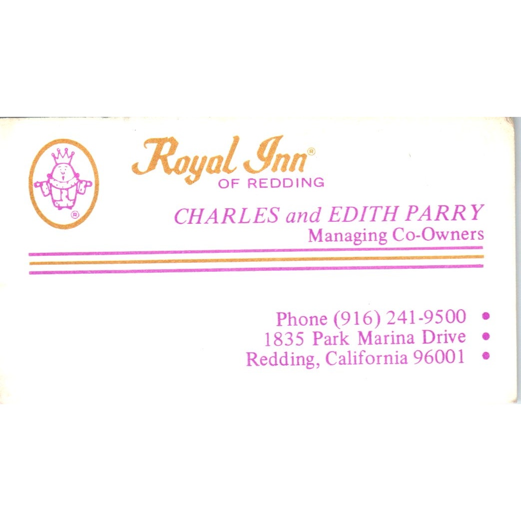 Royal Inn of Redding Charles & Edith Perry Redding CA Vtg Business Card SE3-B1