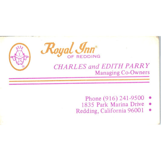 Royal Inn of Redding Charles & Edith Perry Redding CA Vtg Business Card SE3-B1