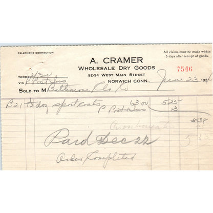 A. Cramer Dry Goods Norwich CT 1924 Original Billhead Letterhead Receipt D8