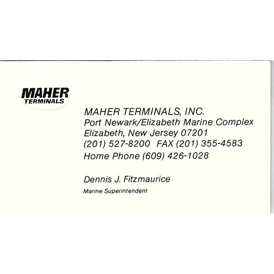 Dennis J Fitzmaurice Maher Terminals Elizabeth NJ Vintage Business Card SC9-B2