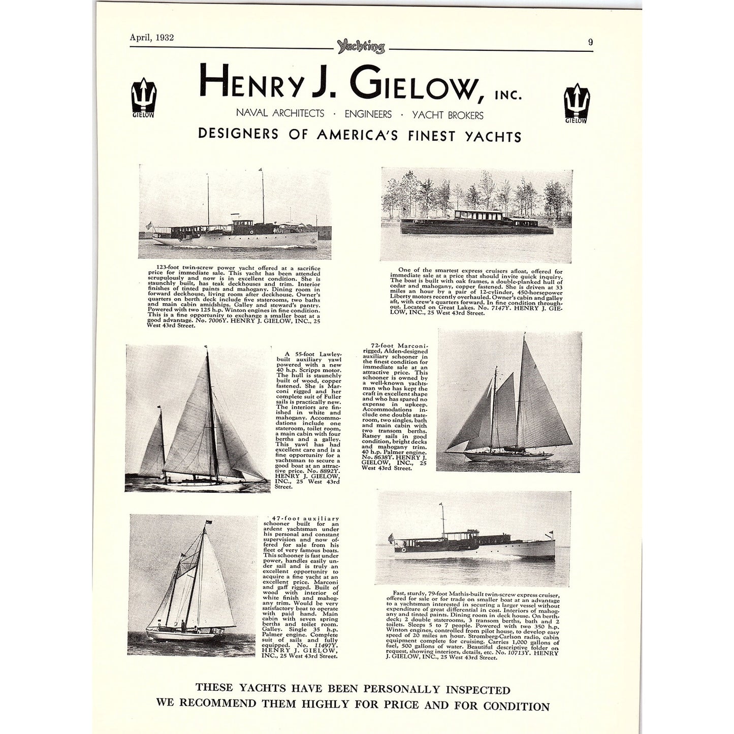 Henry J. Gielow Inc Designers of America's Finest Yachts 1932 Ad AG2-2