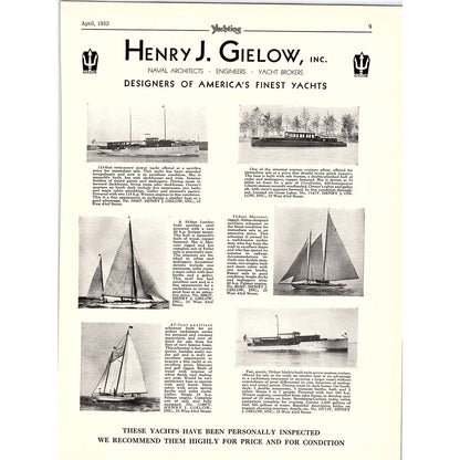 Henry J. Gielow Inc Designers of America's Finest Yachts 1932 Ad AG2-2
