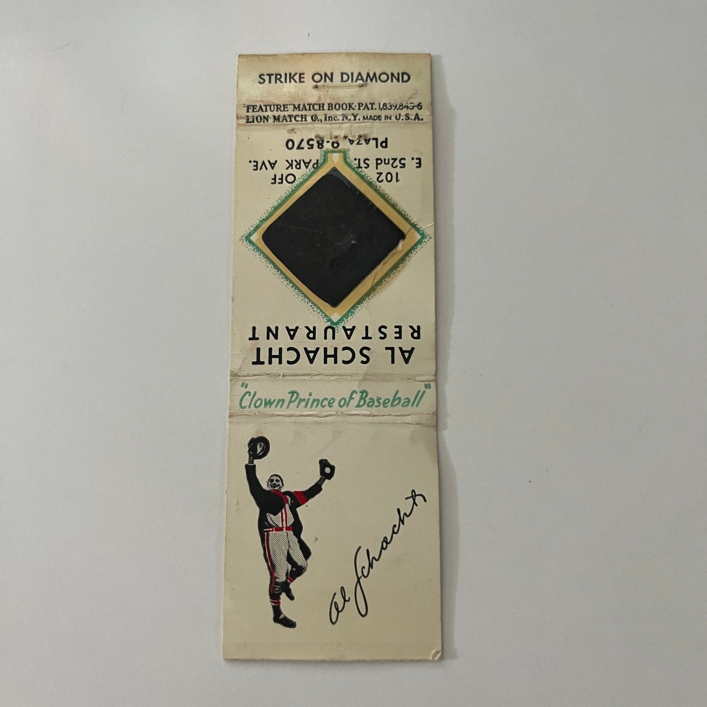 Al Schacht Clown Prince of Baseball Strike on Diamond Vtg Matchbook Cover MB37-2