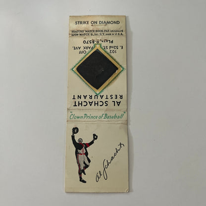 Al Schacht Clown Prince of Baseball Strike on Diamond Vtg Matchbook Cover MB37-2