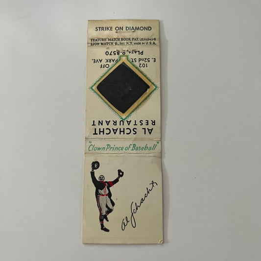 Al Schacht Clown Prince of Baseball Strike on Diamond Vtg Matchbook Cover MB37-2