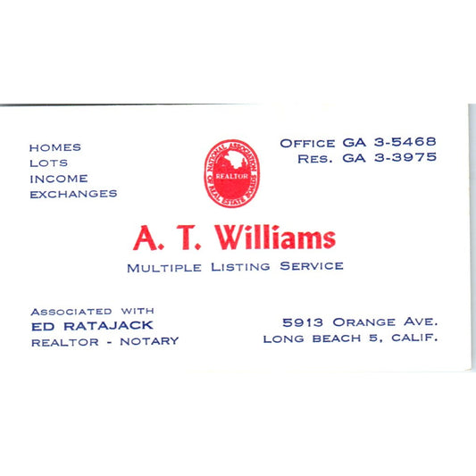 A.T. Williams Ed Ratajack Realtor Long Beach CA Vintage Business Card SD8-B1