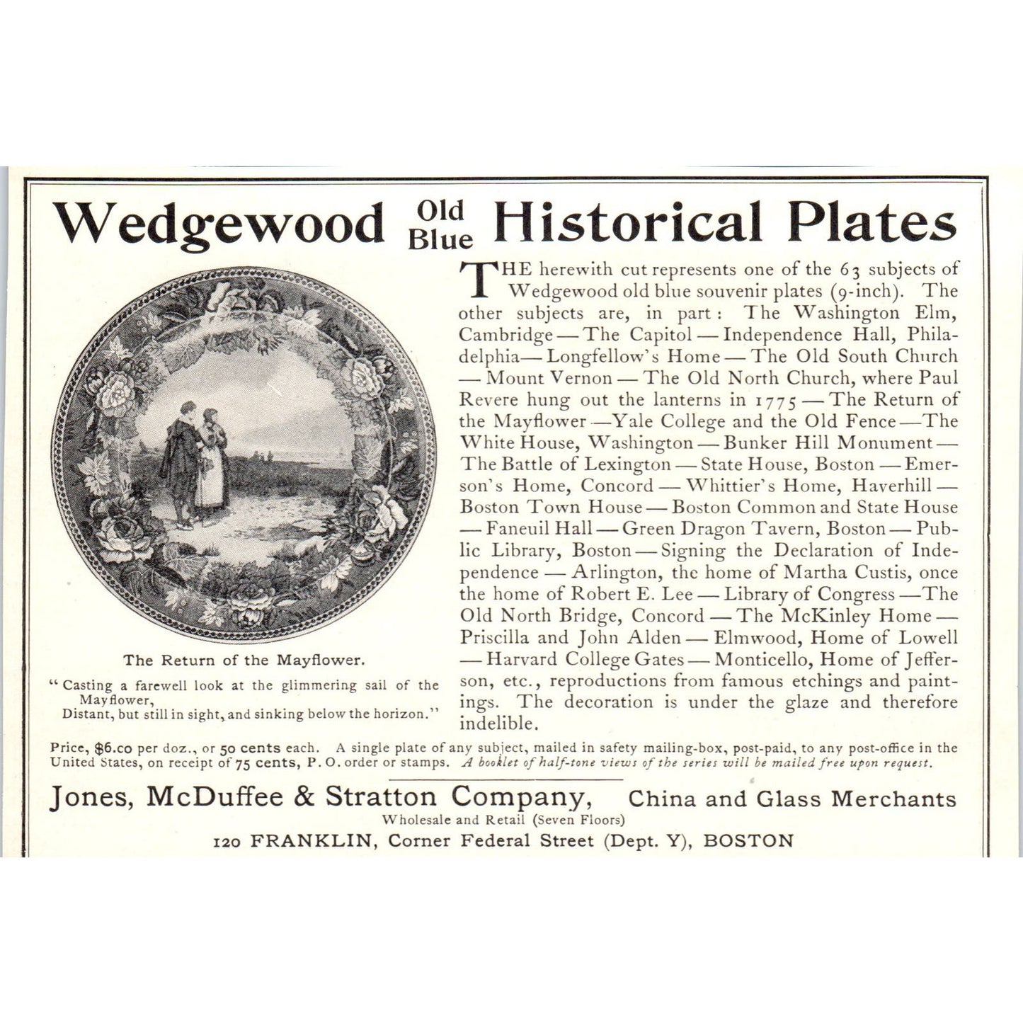 Wedgewood Plates Jones, McDuffee & Stratton Boston c1905 Victorian Ad AE9-MA3