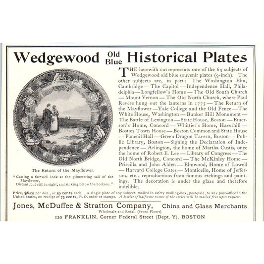 Wedgewood Plates Jones, McDuffee & Stratton Boston c1905 Victorian Ad AE9-MA3
