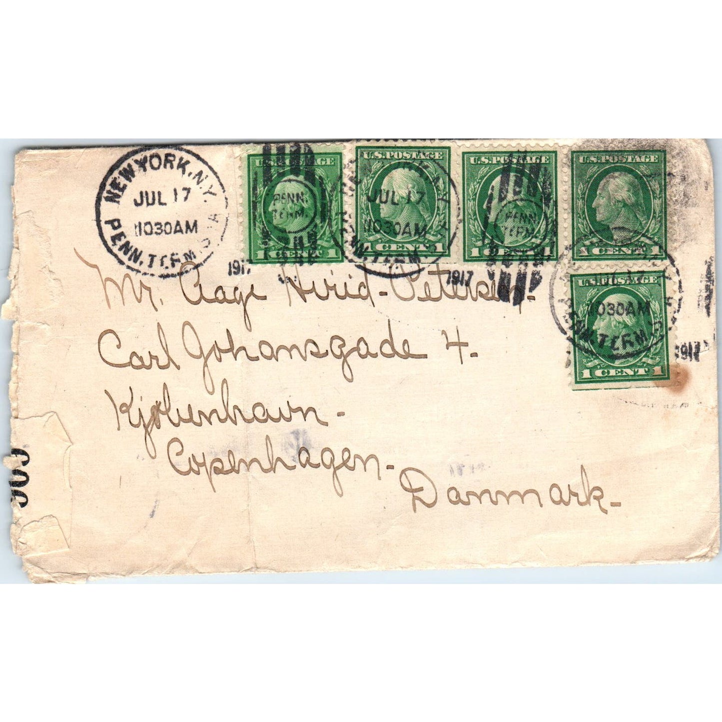 1917 New York City Copenhagen Denmark Carl Johansgade Postal Cover Envelope AE7