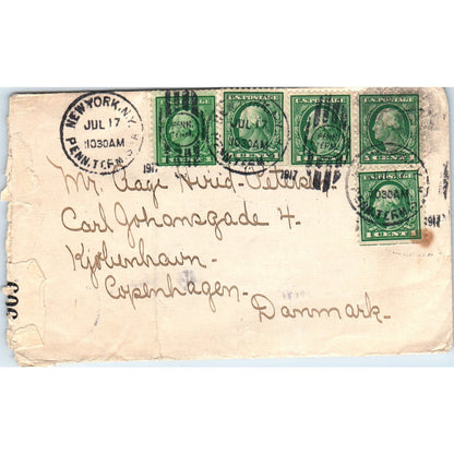 1917 New York City Copenhagen Denmark Carl Johansgade Postal Cover Envelope AE7