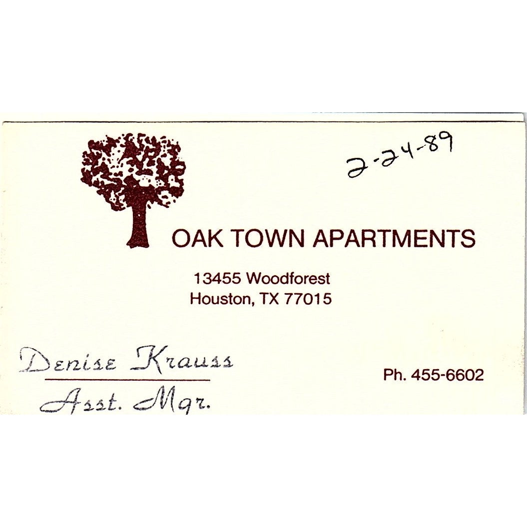 Oak Town Apartments Denise Krauss Houston Vintage Business Card SC9-B1