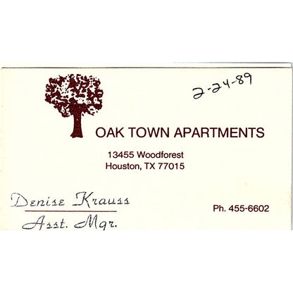 Oak Town Apartments Denise Krauss Houston Vintage Business Card SC9-B1