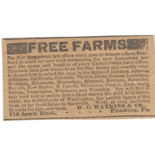 Free Farms - New Homestead Law W.C. Watkins & Co Pittsburgh PA 1906 Ad AK6-S11
