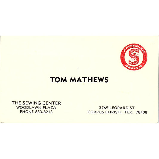 The Sewing Center Tom Mathews Corpus Christi TX Vintage Business Card SSB4-B12
